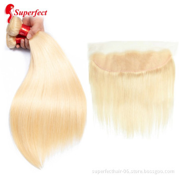 Wholesale 613 Blonde 13*4 4*4 Straight Hair 100% 10A Virgin Brazilian Human Hair bundles with frontal